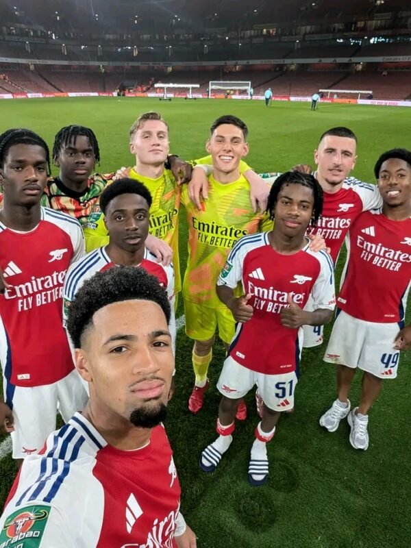 Arsenal FC young squad picture after Bolton game. Ethan Nwaneri had a stellar performance