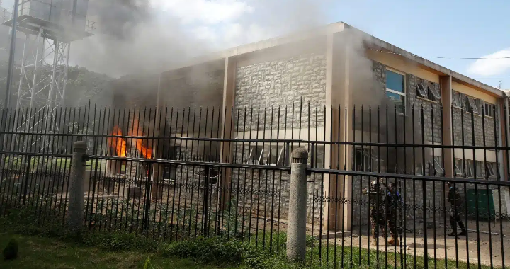 A section of Kenyan Parliament on fire during June 25th youthled demos against Finance Bill 2024.